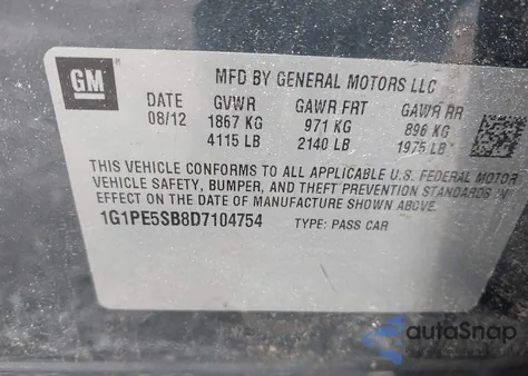 2013 Chevrolet Cruze 2Lt Auto из США, поврежденный, VIN 1G1PE5SB8D7104754